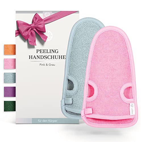 LoWell® 2 Stück Peelinghandschuh Körper, Hamam Handschuh Peeling für Körper und Gesicht, Handschuh Peeling, Exfoliating Gloves, Body Scrub, Bonus Peeling Guide und 2 Saugnäpfe, Grau/Pink