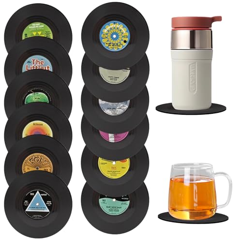Lithyc 12 StüCk Vinyl Schallplatten Untersetzer,Glas Untersetzer,Untersetzer Tasse,Untersetzer GeträNke, Runde Silikon Untersetzer, Glas und Untersetzer für Bars, Kaffee, GeträNke, Tassen