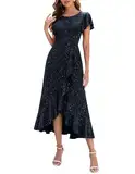 Berylove Abendkleid Mit Glitzer Kleid Festlich Damen Kleid Abendkleider Elegant für Hochzeit Lang Glitzer Kleid Partykleider S007 Darkblue M