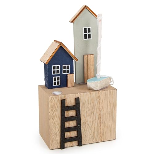Logbuch-Verlag Strandhaus Dekofigur aus Holz Maritime Deko Ferienhaus Hafenstadt Figur blau braun16 cm