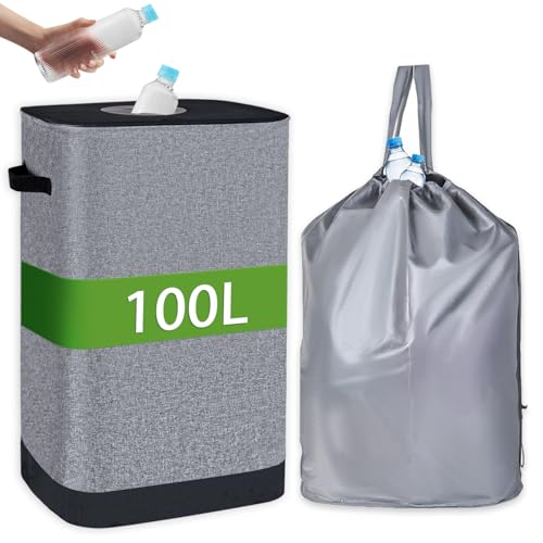 AIUNAOM Pfandflaschen Sammelbehälter, 100L Groß Flaschensammler Leergut mit Deckel & Innenbeutel, Pfandflaschen Behälter Pfandsammler für Haushalt, Küche
