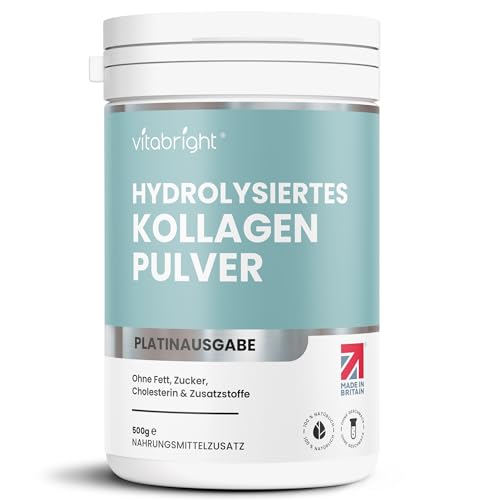 Kollagen Pulver Weidehaltung 500g, 50 Portionen Pure Collagen Pulver. Hochdosiert Hydrolisiertes Kollagen Peptide Pulver, Gelenke Halal Rinder Kollagen Hydrolysat Pulver, VitaBright Kollagen-pulver