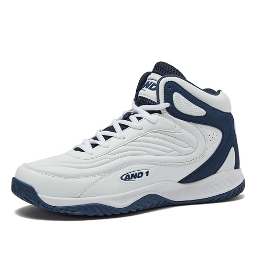 AND1 Pulse 3.0 Basketballschuhe für Herren, drinnen oder draußen, Street oder Court Basketball-Sneaker für Herren, Schwarz, Rot oder Weiß, Größe 40 bis 48, Weiß / Dunkelblau, 9.5 Women/8 Men