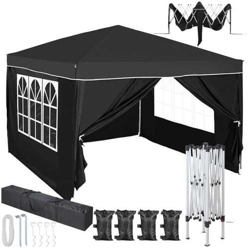KANWOD Pop up Pavillon 3x3 m - Partyzelt mit Schnellaufbau - Gartenpavillon mit UV-Schutz - 9m² - 4 Seitenwänden - 2 Fenstern - Faltpavillon für Camping, Events, Hochzeit, Garten, Marktstand