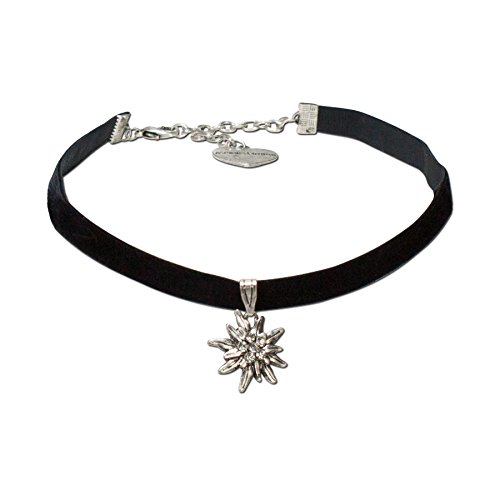 Alpenflüstern Trachten-Samt-Kropfband Strass-Edelweiß klein - Trachtenkette enganliegend, Kropfkette elastisch, Damen-Trachtenschmuck, Samtkropfband schmal schwarz DHK099