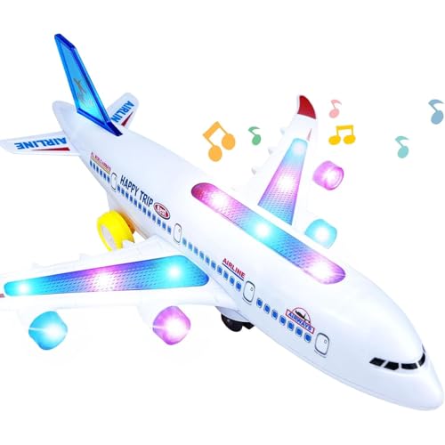 AtomDream Tech Flugzeug Spielzeug – Elektrisches Flugzeug mit Blinkenden LED-Lichtern & Sound – Bump-and-Go-Funktion, Robustes ABS-Material, für Kinder von 3 bis 8 Jahren