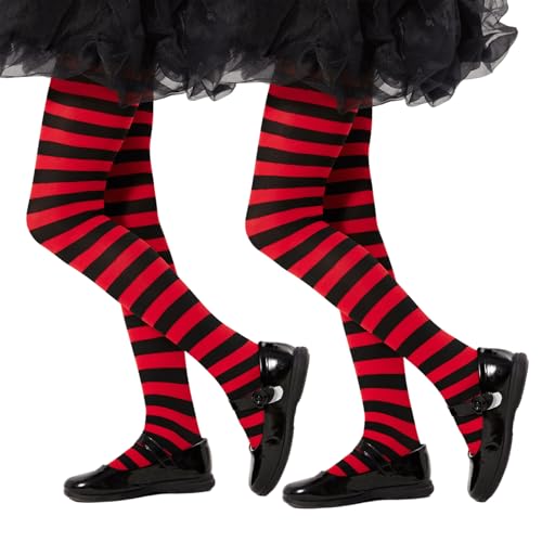 Yilanmy Mädchen Strumpfhose Gestreift Kinderstrumpfhose Streifenlook Blickdichte Bunte Strumpfhose für Halloween Weihnachten (Schwarz + Rot, XL)