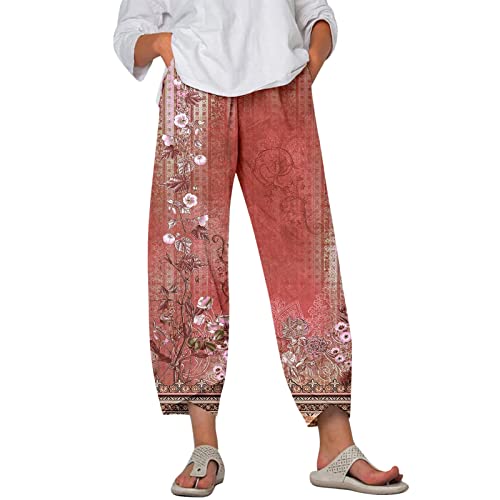 2025 - Hosen für Frauen, Bequeme Capris mit weitem Bein, Damen-Sommer-Kurzhose, Strand, elastische Taille, Baggy-Crop-Hose Sports Hose Damen 48 (Red, M)