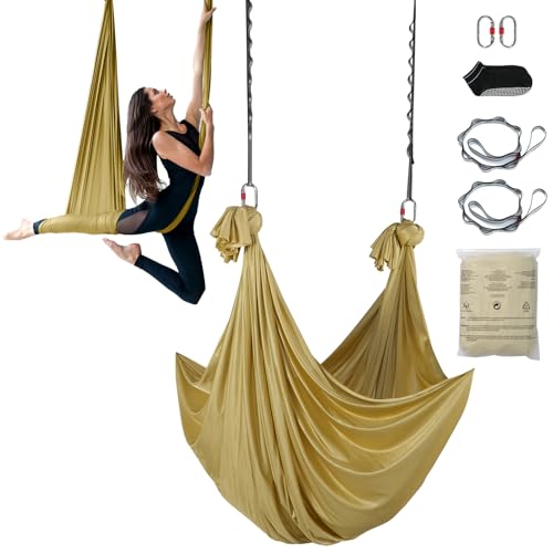 VEVOR Aerial Yoga Hängematte Set 4 x 2,8 m, Golden Aerial Yoga Swing Air Fliegen, Yoga-Schaukel Hammock Swing 1000 kg Max. Tragfähigkeit, inkl. Yoga-Socken & Stahlkarabiner, Anti-Gravity-Übungen