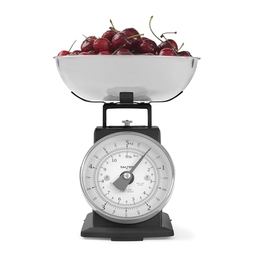 Salter SA00562BFEU12 zeitlose mechanische Küchenwaage – 5 kg Kapazität, 1 Liter spülmaschinenfeste Schüssel, Backwaage, klassisches Design, leicht lesbares großes Zifferblatt, 22 cm Höhe, Schwarz