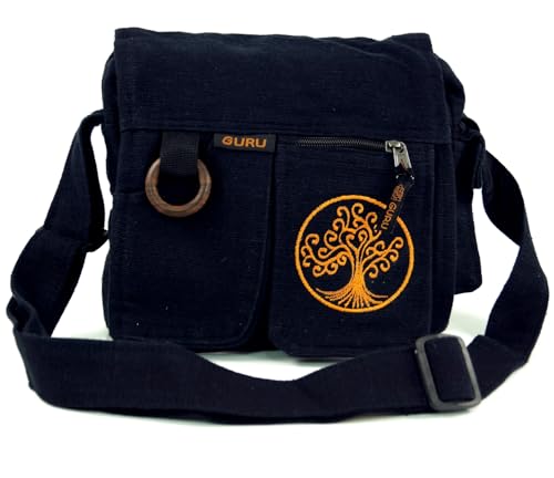 GURU SHOP Ethno Schultertasche `Tree of Life` - Schwarz, Unisex - Erwachsene, Baumwolle, 25x25x15 cm