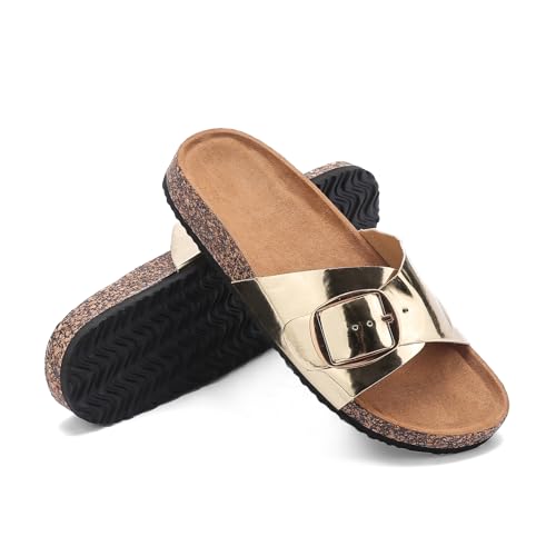 Damen Pantoletten Cozy Bequem Clogs Sandalen, Kork-Fussbett Leder Big Buckle Sommer Rutschfeste Weich Schlappen, Leicht Elastisch Orthopädische Hausschuhe Original Mules Slides Sommerschuhe