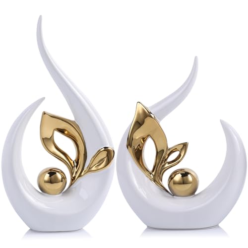 LCCCK Weißgold,abstrakte Skulpturen,Heimdekoration,Keramikkunststatue,coole Sachen zum Aufstellen auf Regalen und TV-Stand-Dekor,Gold-Akzent,Unterhaltungszentrum-Dekor,ideale Kamin,Couchtisch,