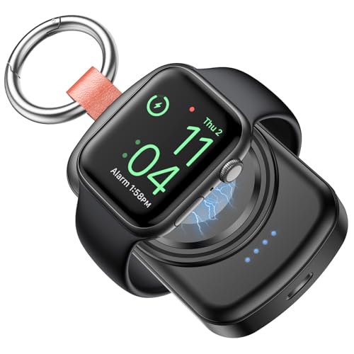 Tragbares kabelloses Ladegerät kompatibel mit Apple Watch Series Ultra 9/8/7/6/5/4/3/2/SE/SE2,1800 mAh Powerbank mit 4 LED-Anzeigen Schlüsselanhänger ladestation Schwarz