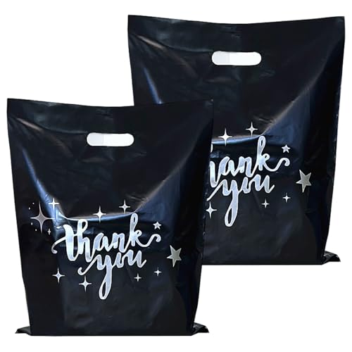 JIUMO 100 Stück Dankes-Taschen, 22,9 x 30,5 cm, schwarze Kunststoff-Einkaufstaschen mit Griffen, Merchandise-Geschenkbeutel für Verpackungsprodukte, Einzelhandelsboutique für Bekleidungsgeschäfte