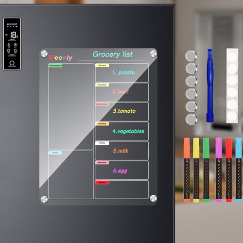 Bysameyee Kühlschrankkalender, Mahlzeitenplanungstafel, trocken abwischbar, Acryl, magnetisch, Monats- und Wochenkalender, Planer für Kühlschrank mit 6 Farbmarkern (transparent, wöchentlich (39,9 x 30