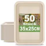 Loppdece 50 Stück Pappteller, 25 x 35 cm Premium Pappteller Eckig, Umweltverträgliches Bagasse Einwegteller, Biologisch Zuckerrohr Teller Bagasse-Teller für Party BBQ Camping Picknicks Grillpartys