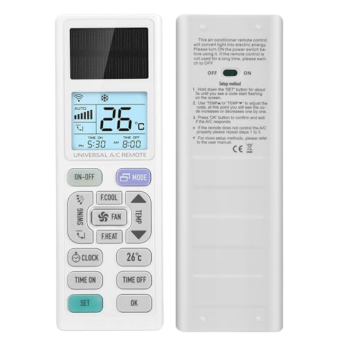 LEYF Universal Klimaanlage Fernbedienung, A/C LCD Hintergrundbeleuchtung, Ersatz, Klimagerä Fernbedienung, Bildschirm mit Licht und LED-Taschenlampe, die durch Lichtenergie betrieben Wird