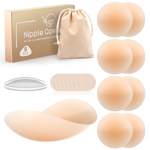 Kimsky Nippelpads, 8 Stück Damen Silikon Nipple Cover mit Brustwarzenschutz, Hochwertige Damen Nipple Cover, Wiederverwendbares, Waschbares, Selbstklebendes Brustwarzenschutz, Rund [8 cm Ø]