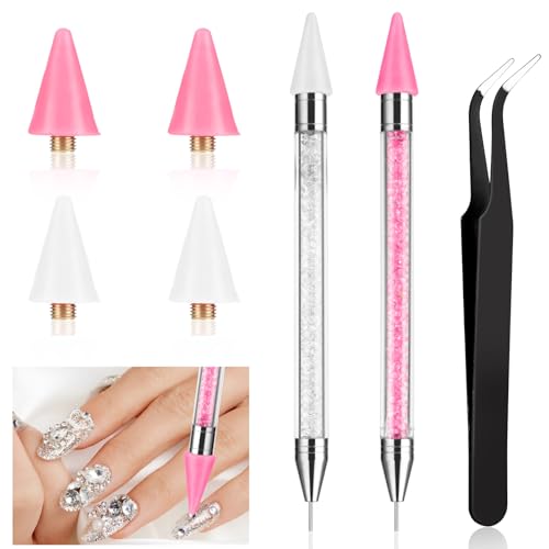 Piriuuo Strass Picker Werkzeug Set, Dotting Tool Acryl 2 Dot Stifte 4 Wachsspitzen 1 Pinzetten Dual End Diamant Dotting Stifte Nagelpunkt Stift Dekoration Werkzeug für DIY Nagel Design