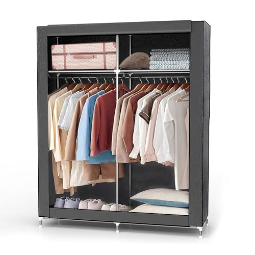 INTIRILIFE Faltschrank 108x45x170 cm in GRAU - Stoffkleiderschrank mit Reißverschluss und Kleiderstange, Seitentasche und Fächern - Steckregal, Metallrahmen, Aufbewahrung