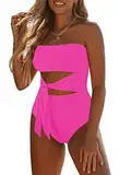 Viottiset Damen Bandeau Badeanzug Bauchweg Trägerloser Monokini Einteiler High Cut Waist Tie Badebekleidung Rosenrot M