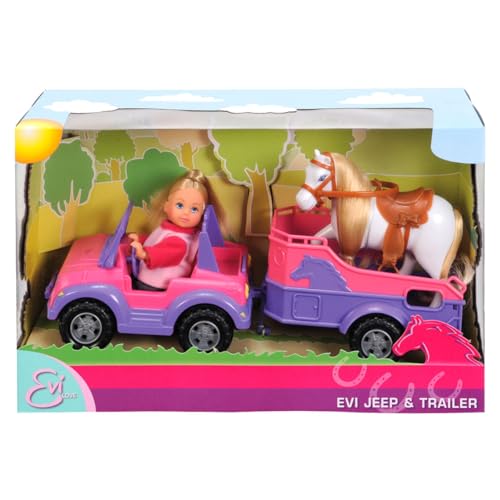 Simba 105737460 - Evi Love Evi Horse Trailer, mit rosa Jeep, lila Pferdeanhänger und Pony, Ankleidepuppe, 12cm, für Kinder ab 3 Jahren