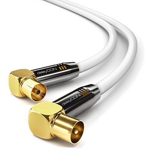 deleyCON 15m 4K TV Antennenkabel - 4K Ultra-HD Full HD HDTV - 2x Gewinkelt - Koaxialkabel - IEC-Stecker (90° Grad) zu IEC-Buchse (90° Grad) - Metallstecker - Weiß