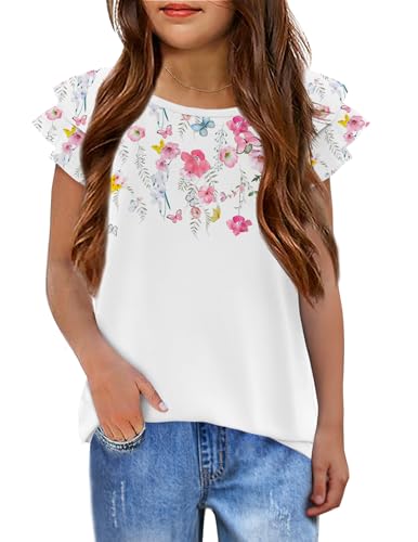 Arshiner Mädchen T-Shirt Gewellte Ärmel Kinder Sommer Rundhals Kurzarm Oberteile Lässig Mode Einfarbig Tshirts für Mädchen 11-13 Jahre Blumen