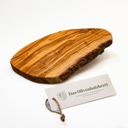 das Olivenholzbrett® Schneidebrett Olivenholz/Antipastibrett/kleines Servierbrett/Brotzeitbrett aus Olivenholz/Naturform/Keine oder kaum Rinde 20 cm