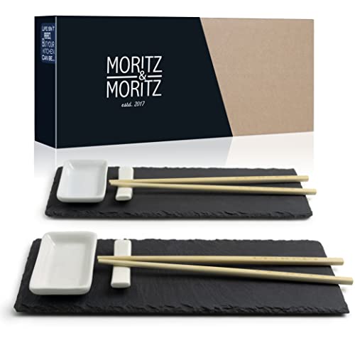 Moritz & Moritz 10-TLG. Sushi Platte Schiefer mit Dipschalen für 2 Personen - 30x10 cm - Sushi Geschirr Schieferplatten mit Stäbchen Ablagebänkchen Dipschalen Schiefertellern