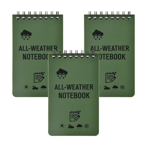 3 Stück Wasserdichtes Notizbuch, Allwetter-Notizblöcke mit Top-Spirale, Wasserdichtes Allwetter-Notizbuch, 100 Seiten, 50 Blatt, Einband Grün, Pocket notizbuch 7.6x12.7cm, für Outdoor-Aktivitäten