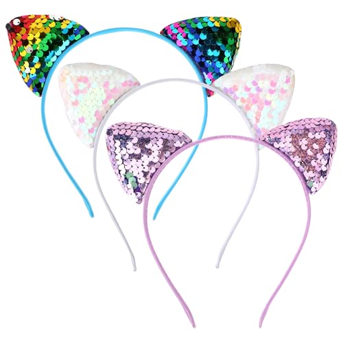 Qianyu 3 Stück Katzenohren Stirnband Glitzer Katze Haar Hoops Katzenohren Haarreif Stirnband Kopfschmuck Zubehör für Frauen, Mädchen, Partyzubehör, Weihnachten, Halloween, Dekoration