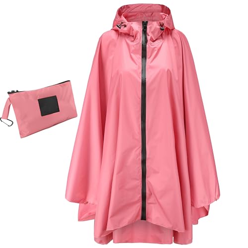 Jewlri Damen Wasserdicht Regenponcho Stilvoll Wiederverwendbar Rain Poncho Hiking Cycling Outdoor Mehrzweck Regenjacke mit Kapuze(Pink)