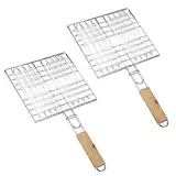 Grillkorb Tragbarer Grillrost Fischbräter Gemüsekorb BBQ Grillrost mit Holzgriff Gartengrill Grillrost Eckiger Grillrost Faltbarer Grillgitterclip für Drinnen und Draußen Fisch Gemüse Garnelen 2 PCS