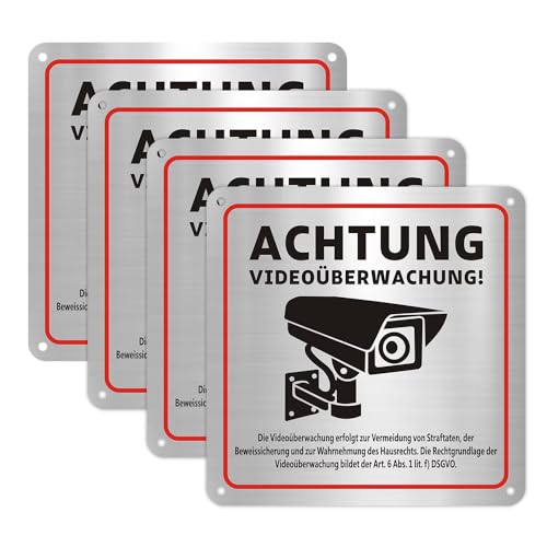 4 Stück Schild Videoüberwachung, 15x15cm Achtung Videoüberwachung Schild Kamera Überwachung Schild mit Selbstklebend und 4 Bohrlöcher für Innen und Außen