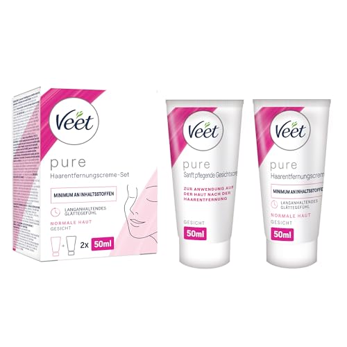 Veet Pure Haarentfernungscreme-Set Gesicht - Für Oberlippe, Wangen & Augenbrauen, normale Haut - 50 ml Enthaarungscreme, 50 ml Pflegecreme & Spatel