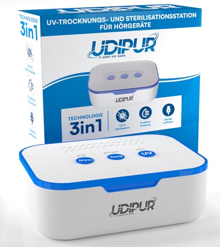 Udipur Multifunktionsstation 3in1 mit UV-Sterilisation Trocknen und Laden für Hörgeräte USB Typ C Temperatur einstellbar bis zu 50°C - 110x90x40mm