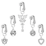 Amazluck 5 Stück Fake Bauchnabelpiercing Silber Bauchnabelpiercing Zum Anklipsen, Fake Piercing Bauchnabel, Chirurgenstahl Fake Belly Piercing mit Schmetterling Herz Kristallkugel Anhänge