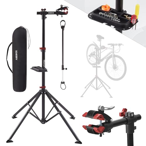 Arebos Fahrrad-Montageständer mit Tasche, 360° drehbar, für Mountainbike, E-Bike und Citybike, mit Schnellspannvorrichtung, Profi-Reparaturständer – Schwarz/Rot