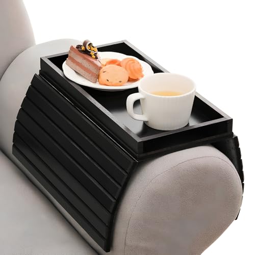 Granvoo Flexibles Sofatablett aus Bambus für Armlehne, Rutschfestes Couch Tablett, Faltbarer Sofa Armlehne Ablage für Fernbedienung Snacks Handy Getränke Tasse (Schwarz)