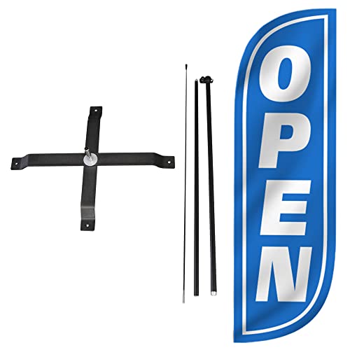 LookOurWay Federflaggen-Set, 1,5 m hoch, Werbebanner mit Stangen-Kit und X-Ständer, für Geschäftsförderung, offen, Blau/Weiß