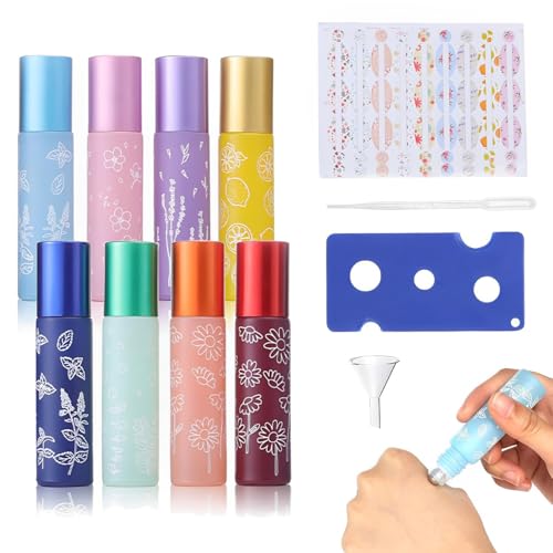 Norhogo 8 Stück 10 ml ätherische Öl-Rollerflaschen mit Trichter Strohhalme Wulstabdrücker, tragbare nachfüllbare für Ätherische Öle, Parfums, Lotionen, Massage, Aroma öl, Kommt mit einem Aufkleber