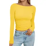 gelbe t-Shirts Damen Summer Tops y2k 2025 Teenager Mädchen Langarm Schulterfreies Oberteile Solid Color y2k top Slim Fit top Damen Oversize y2k Crop top Langarm