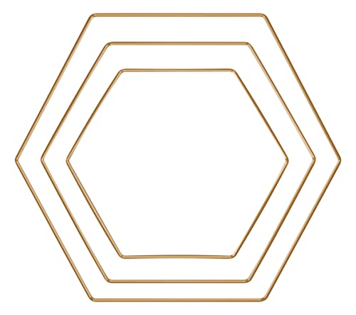 Rayher Metallformen Hexagon, gold, sortiert, Box 3 Stück, je 1x 20 cm, 25 cm, 30 cm, Metallringe, Drahtformen zum Basteln, für Wickeltechnik, Floristik, Makramee Ring, 25219616