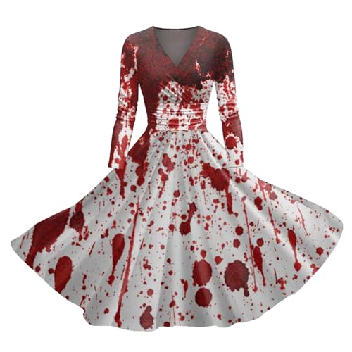 Halloween Kostüm Damen Gruselig Blutige Zombie Braut Kostüm Horror Elegant Brautkleid Ärmellos Aufdruck Halloween Kleid Damen Halloween Kleidung mit blutigem Aufdruck lässig Party Rundhalsausschnitt