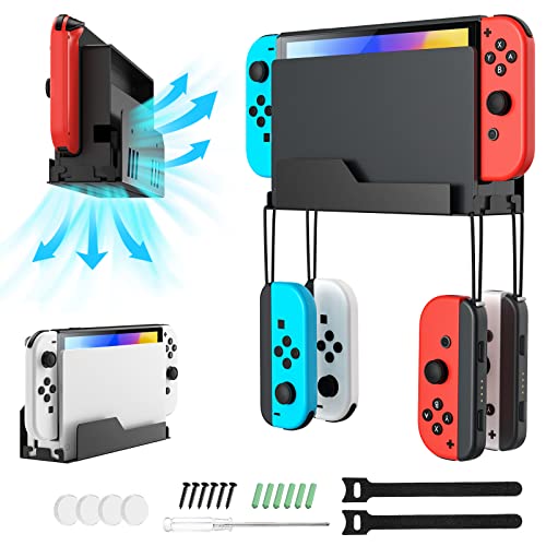 MoKo Wandhalterung für Nintendo Switch/Switch OLED, Metall Halterung mit 4 Joy-Con Haken, Schnelle Wärmeableitung Löcher, Aufbewahrung des Switch in der Nähe oder hinter dem Fernseher, Schwarz