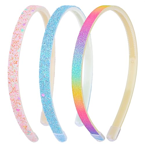 WLLHYF 3 Stück Glitzer-Stirnband Niedliche Glitzernde Rutschfeste Stirnbänder aus Kunststoff mit Zähnen Regenbogen-Bling Süße Harte Haarbänder Haarschmuck für Mädchen (Rosa+Blau+Regenbogenfarbe)