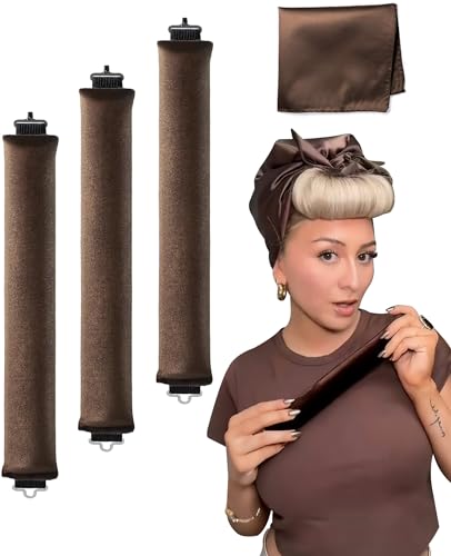 Heatless Overnight Hair Curling Set - Large Silk Brown Rods for Blowout Curls, No Heat Styling Tools with Headband Wrap for Short Hair