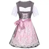 Bseical Dirndl für Damen Trachtenkleid Midi Dirndl 3tlg Dirndl-Komplettsets mit Bluse und Schürze Rosa Dirndlkleid Spitze Stretch Elegant Oktoberfest Dresses